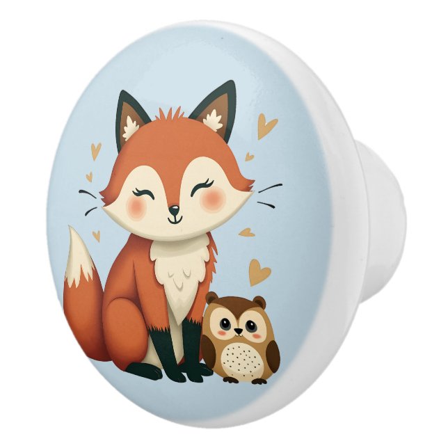 Cute Fox and Owl Whimsical Woodland Illustration Ceramic Knob (Right)