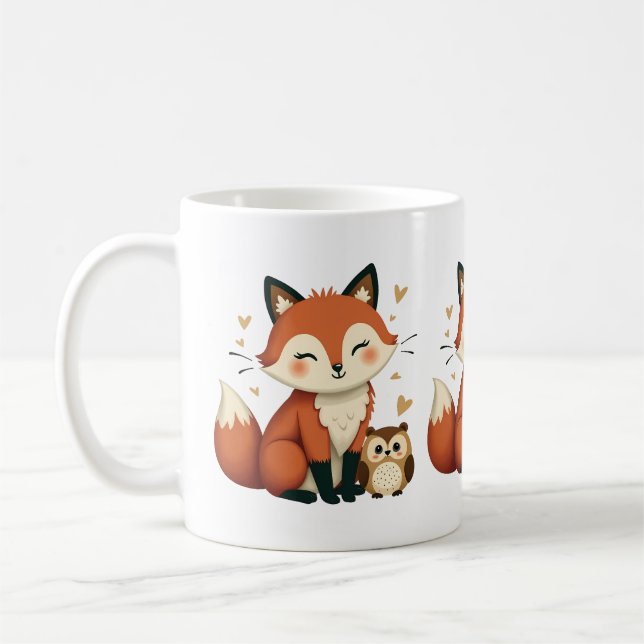 Cute Fox and Owl Whimsical Woodland Illustration Coffee Mug (Left)