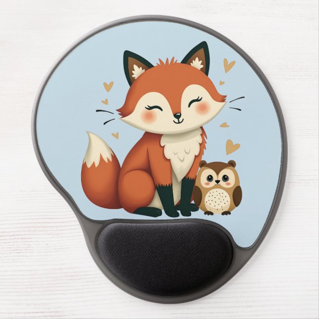 Cute Fox and Owl Whimsical Woodland Illustration Gel Mouse Pad (Front)