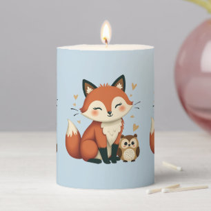 Cute Fox and Owl Whimsical Woodland Illustration Pillar Candle