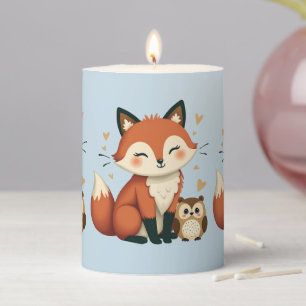 Cute Fox and Owl Whimsical Woodland Illustration Pillar Candle