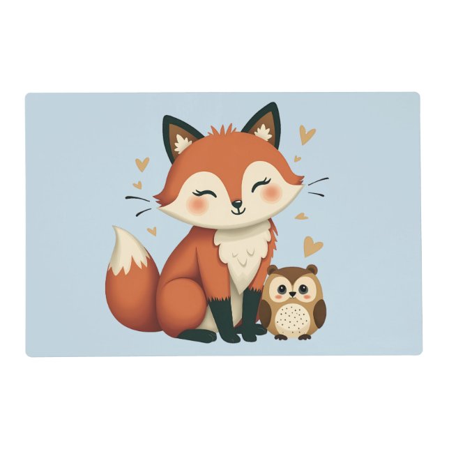 Cute Fox and Owl Whimsical Woodland Illustration Placemat (Front)