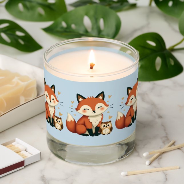 Cute Fox and Owl Whimsical Woodland Illustration Scented Candle (Lit)