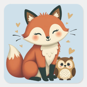 Cute Fox and Owl Whimsical Woodland Illustration Square Sticker