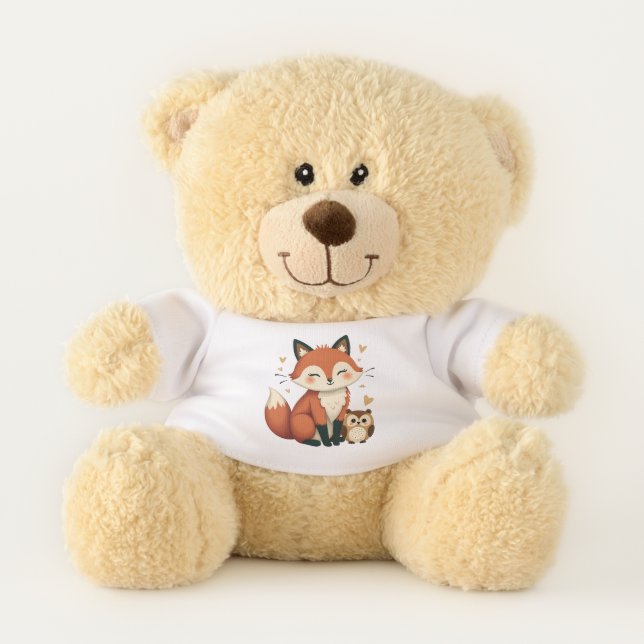Cute Fox and Owl Whimsical Woodland Illustration Teddy Bear (Front)