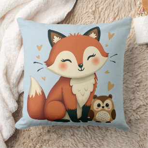 Cute Fox and Owl Whimsical Woodland Illustration Throw Pillow