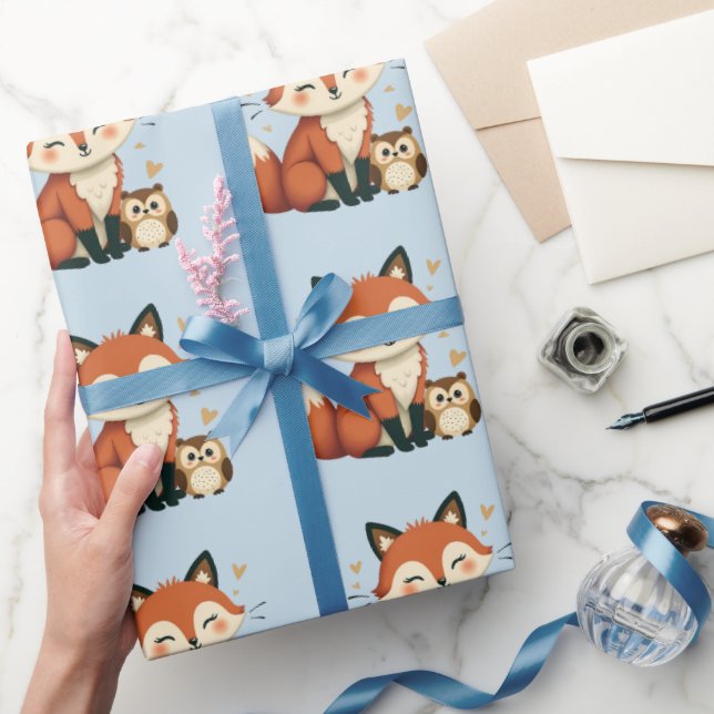 Cute Fox and Owl Whimsical Woodland Illustration Wrapping Paper (Gifting)