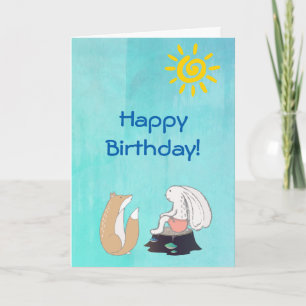 Cute Fox and Rabbit Illustration Happy Birthday Card
