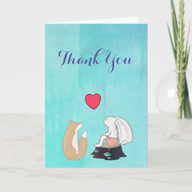Cute Fox and Rabbit Illustration Thank You Card (Front)