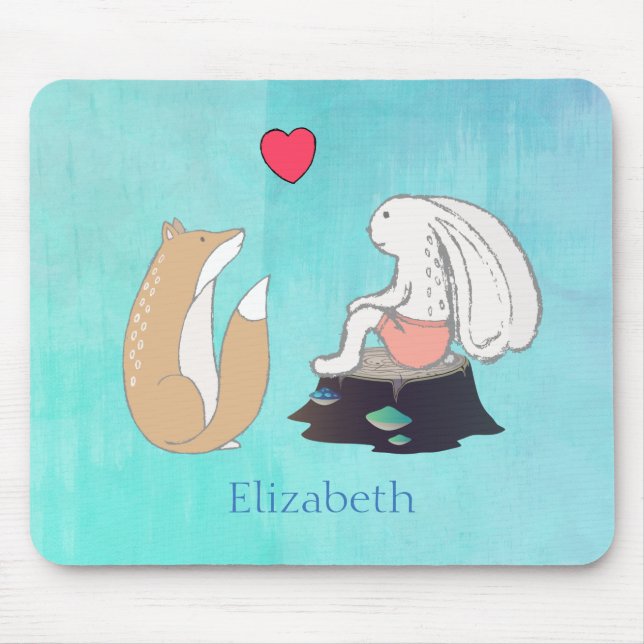 Cute Fox and Rabbit Woodland Creatures Drawing Mouse Pad (Front)