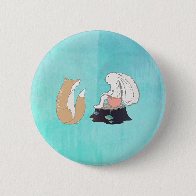 Cute Fox and Rabbit Woodland Creatures Drawing Pinback Button (Front)