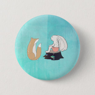 Cute Fox and Rabbit Woodland Creatures Drawing Pinback Button