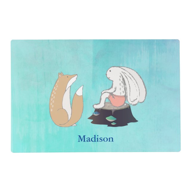 Cute Fox and Rabbit Woodland Creatures Drawing Placemat (Front)