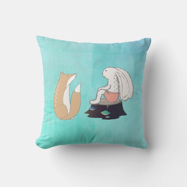 Cute Fox and Rabbit Woodland Creatures Drawing Throw Pillow (Front)