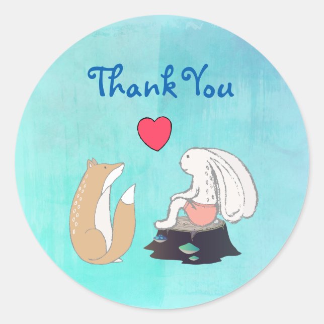 Cute Fox and Rabbit Woodland Creatures Thank You Classic Round Sticker (Front)