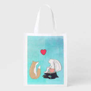 Cute Fox and Rabbit Woodland Creatures with Heart Reusable Grocery Bag