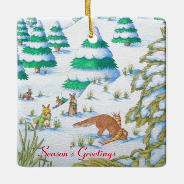 cute fox and rabbits christmas snow scene ceramic ornament (Front)