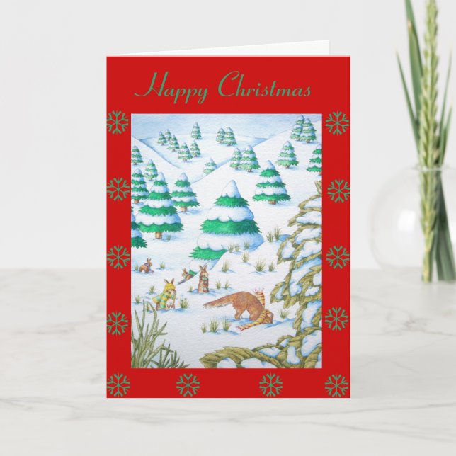 cute fox and rabbits christmas snow scene holiday card (Front)