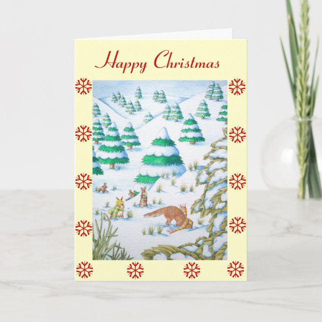 cute fox and rabbits christmas snow scene holiday card (Front)