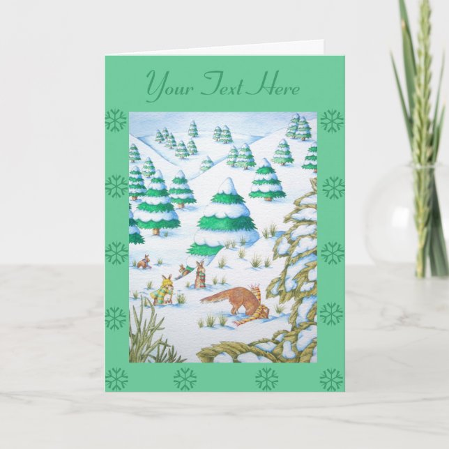 cute fox and rabbits christmas snow scene holiday card (Front)