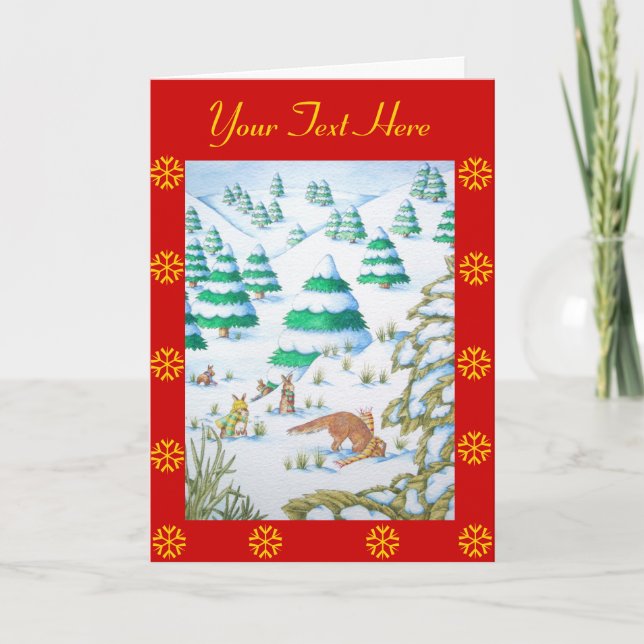cute fox and rabbits christmas snow scene holiday card (Front)