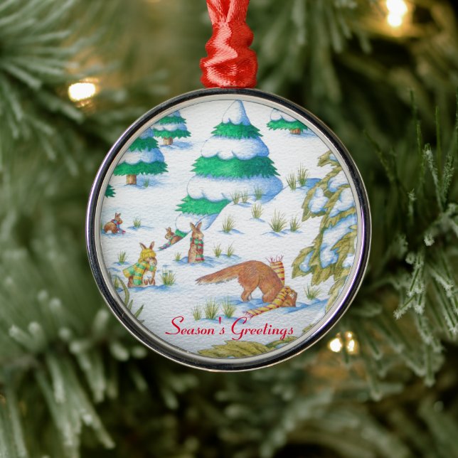 cute fox and rabbits christmas snow scene metal ornament (Tree)