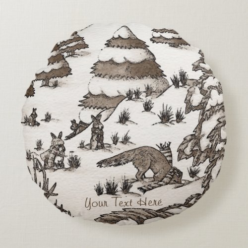 cute fox and rabbits christmas snow scene round pillow