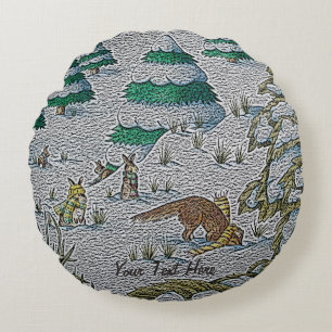 cute fox and rabbits christmas snow scene round pillow