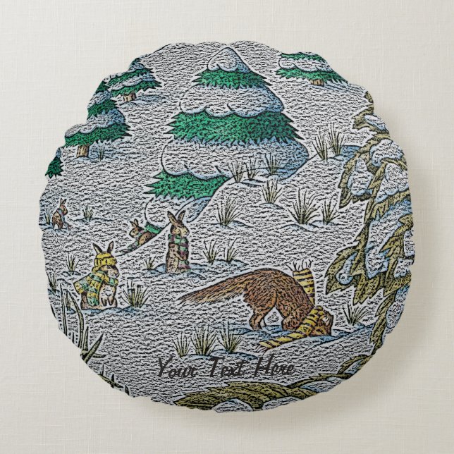 cute fox and rabbits christmas snow scene round pillow (Front)