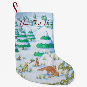 cute fox and rabbits christmas snow scene small christmas stocking