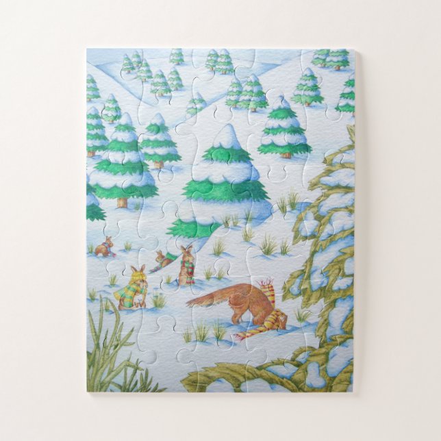 cute fox and rabbits playing snow scene kiddies jigsaw puzzle (Vertical)