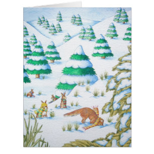 cute fox and rabbits playing winter snow scene cards