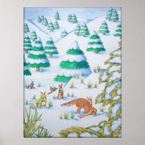 cute fox and rabbits wildlife snow scene poster