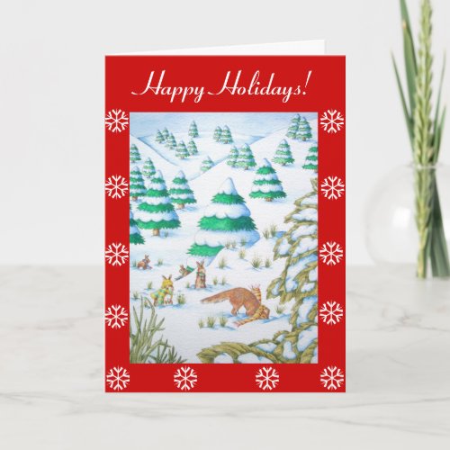 cute fox and rabbits winter snow scene christmas holiday card