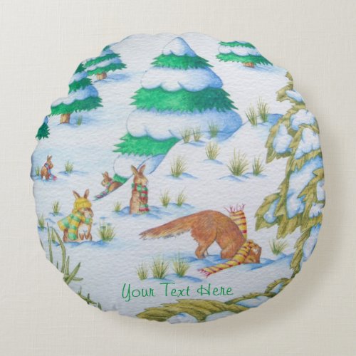 cute fox and rabbits winter snow scene round pillow