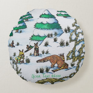 cute fox and rabbits winter snow scene round pillow