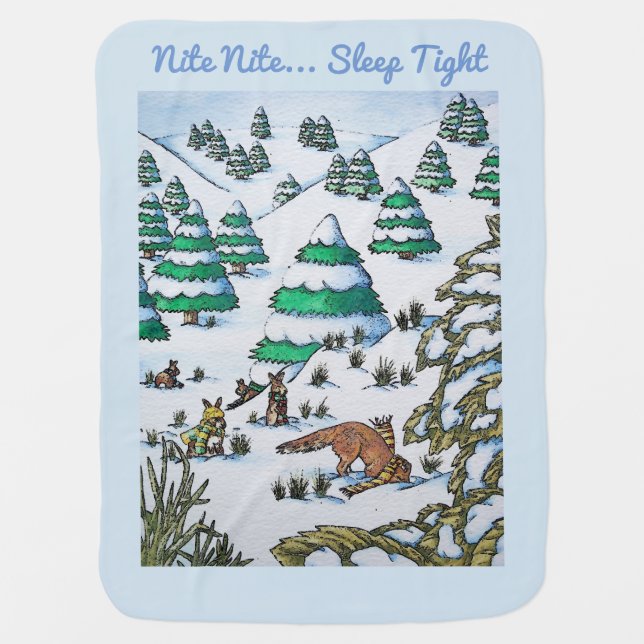 cute fox and rabbits winter snow scene swaddle blanket (Front)