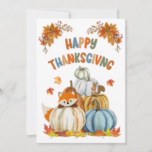 Cute Fox and Retro Pumpkins Happy Thanksgiving  Holiday Card