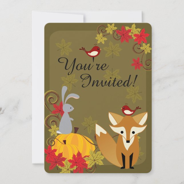 Cute Fox and Woodland Animals Fall Birthday Invitation (Front)