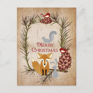Cute Fox and Woodland Animals Merry Christmas Holiday Postcard
