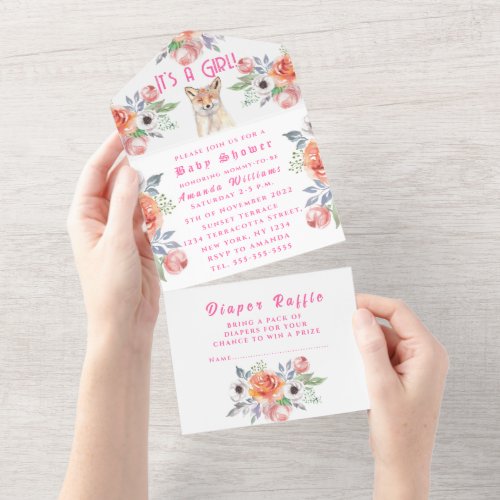 Cute Fox Animal Flowers Its a Girl Baby Shower Al All In One Invitation