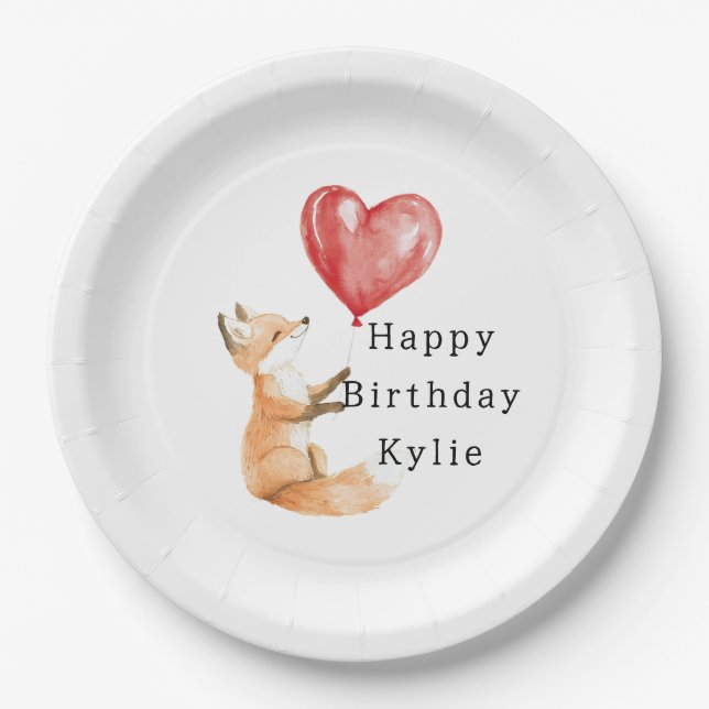 Cute Fox Animal Heart Balloon Birthday Paper Plates (Front)