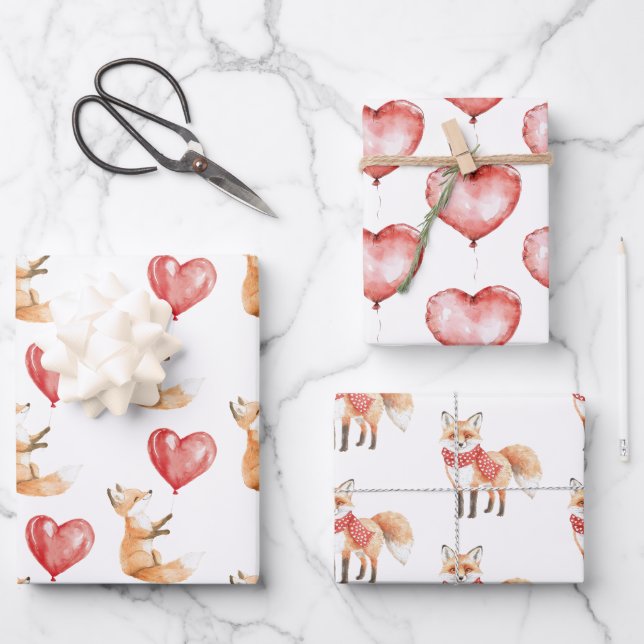 Cute Fox Animal Heart Balloon Birthday Wrapping Paper Sheets (Front)