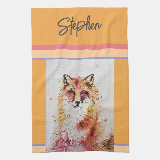 Cute Fox Animal Watercolor Pastel Colors Kitchen Towel (Vertical)