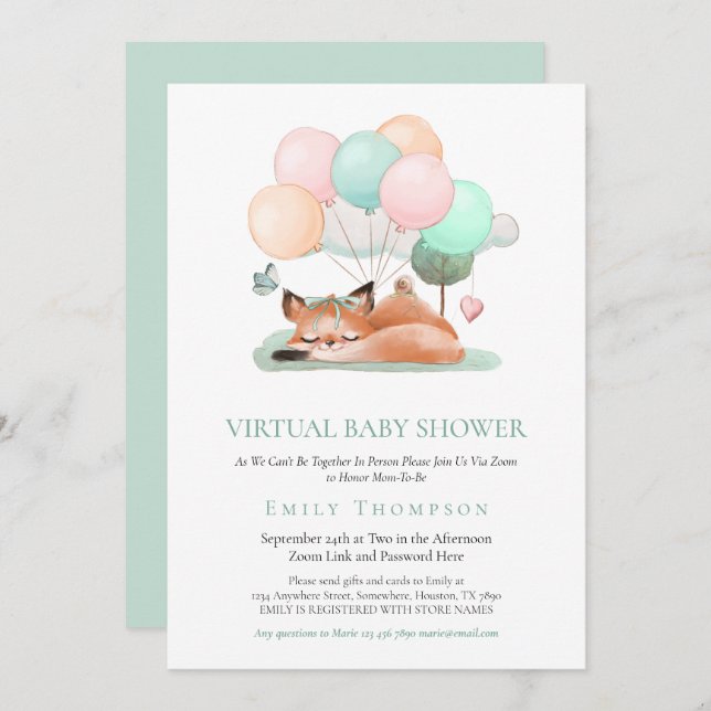 Cute Fox Asleep Balloon Teal Virtual Baby Shower Invitation (Front/Back)