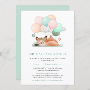 Cute Fox Asleep Balloon Teal Virtual Baby Shower Invitation
