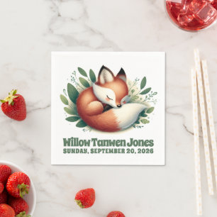Cute Fox Asleep in Leaves Baby Shower Napkins
