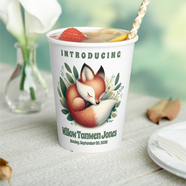 Cute Fox Asleep in Leaves Baby Shower Paper Cups (Insitu)
