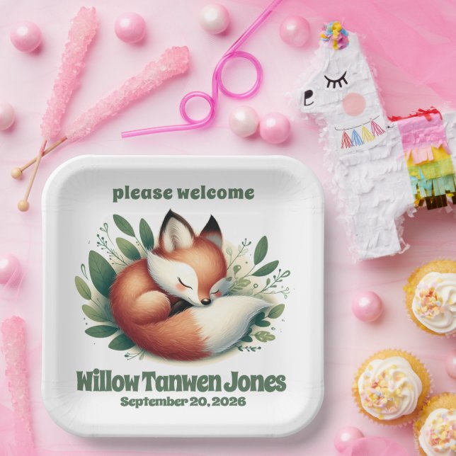 Cute Fox Asleep in Leaves Baby Shower Paper Plates (Party)