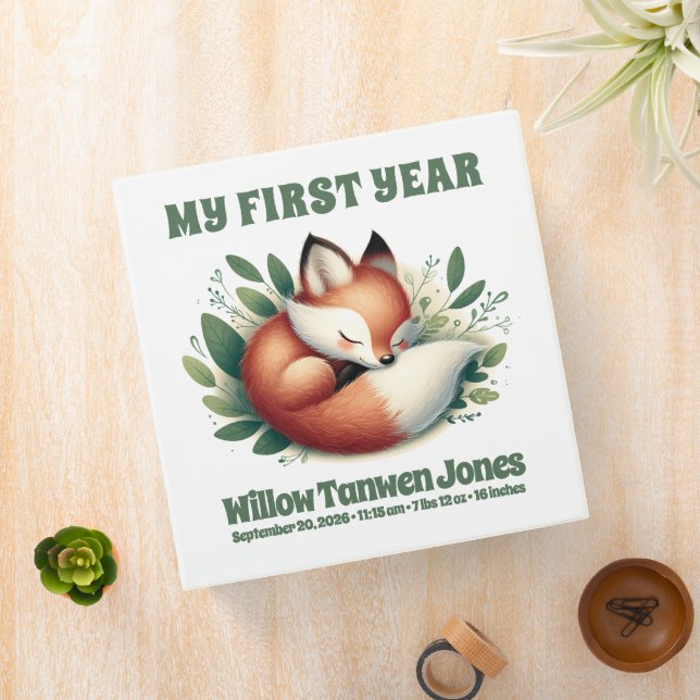 Cute Fox Asleep in Leaves Baby's 1st Year 3 Ring Binder (In Situ)